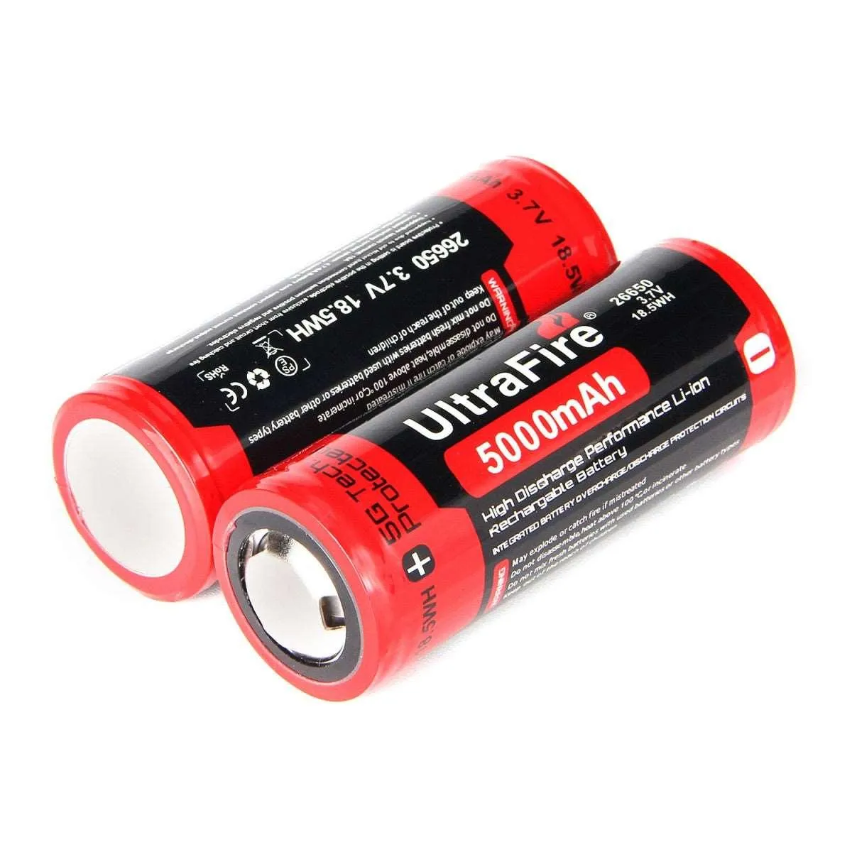 26650 5000mAh 3.7V Rechargeable Batteries (2-Pack)