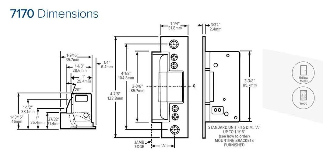 Adams Rite - 7170 - Electric Strike for Mortise & Cylindrical Locks -  Anodized Aluminum - Fail Secure -  1-1/4" x 4-7/8"  Flat Square Plate - 12VDC