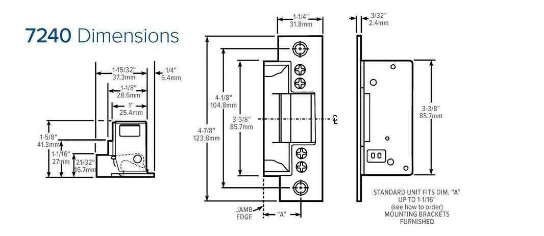 Adams Rite - 7240 - Fire-Rated Electric Strike for Cylindrical Latches -  Anodized Aluminum - Fail Secure - 1-1/4" x 4-7/8" Flat Square Plate - 24VDC
