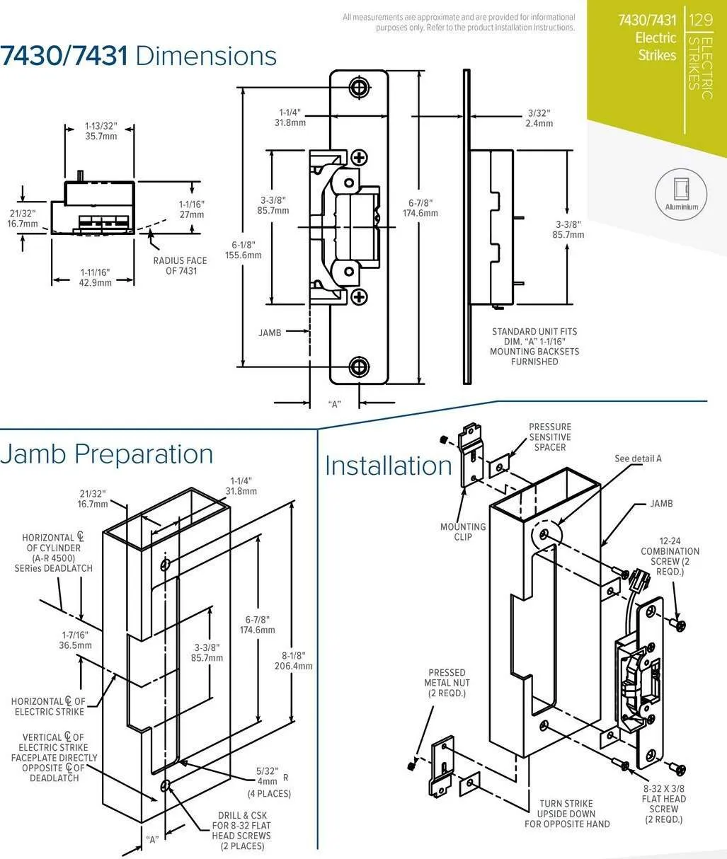 Adams Rite - 7430 - Electric Strike for Adams Rite or Deadlatches or Cylindrical Locks - 1/2" to 5/8" Latchbolt  - Anodized Aluminum - Fail Safe/Fail Secure - 1-1/4" x 6-7/8" - Flat Radius Plate - 12/24 VDC