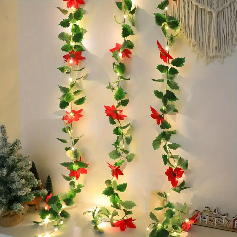 Battery-Powered Lighted Christmas Red Flower Vine - Perfect for Bedroom, Weddings, Parties & Home Decor (No Batteries Included)