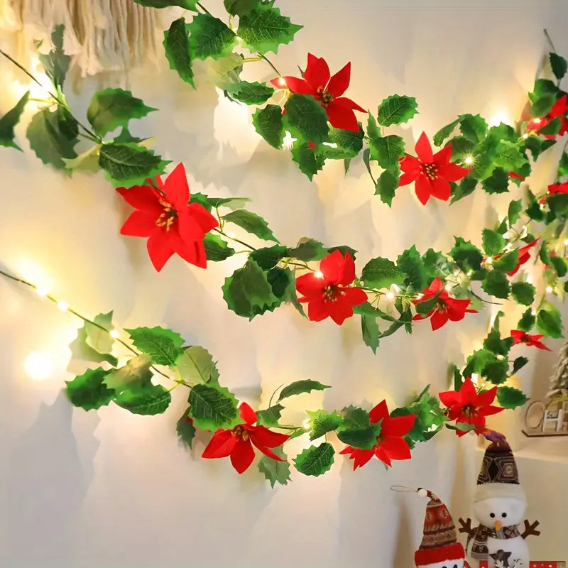 Battery-Powered Lighted Christmas Red Flower Vine - Perfect for Bedroom, Weddings, Parties & Home Decor (No Batteries Included)