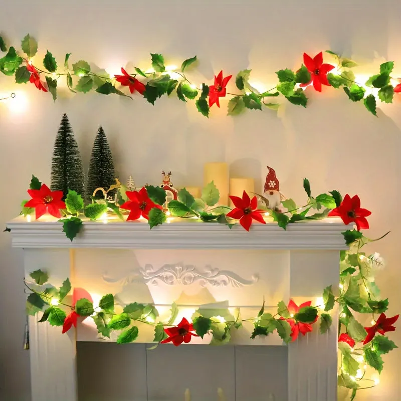 Battery-Powered Lighted Christmas Red Flower Vine - Perfect for Bedroom, Weddings, Parties & Home Decor (No Batteries Included)