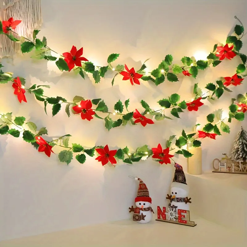 Battery-Powered Lighted Christmas Red Flower Vine - Perfect for Bedroom, Weddings, Parties & Home Decor (No Batteries Included)