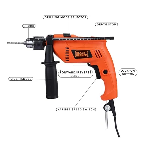 BLACK DECKER HD555KMPR 550W 13mm Corded Hammer Drill Machine and Hand Tools Kit for Home & DIY Use (100-piece Accessories Kitbox) For Masonry, Brick & Wood, 1 Year Warranty, ORANGE & BLACK
