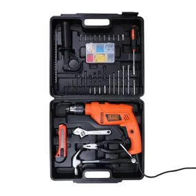 BLACK DECKER HD555KMPR 550W 13mm Corded Hammer Drill Machine and Hand Tools Kit for Home & DIY Use (100-piece Accessories Kitbox) For Masonry, Brick & Wood, 1 Year Warranty, ORANGE & BLACK