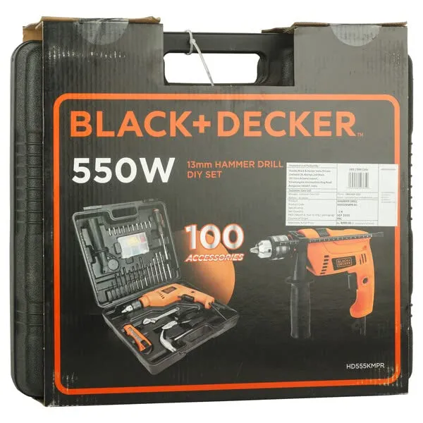 BLACK DECKER HD555KMPR 550W 13mm Corded Hammer Drill Machine and Hand Tools Kit for Home & DIY Use (100-piece Accessories Kitbox) For Masonry, Brick & Wood, 1 Year Warranty, ORANGE & BLACK