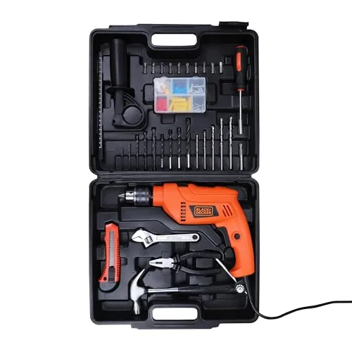 BLACK DECKER HD555KMPR 550W 13mm Corded Hammer Drill Machine and Hand Tools Kit for Home & DIY Use (100-piece Accessories Kitbox) For Masonry, Brick & Wood, 1 Year Warranty, ORANGE & BLACK
