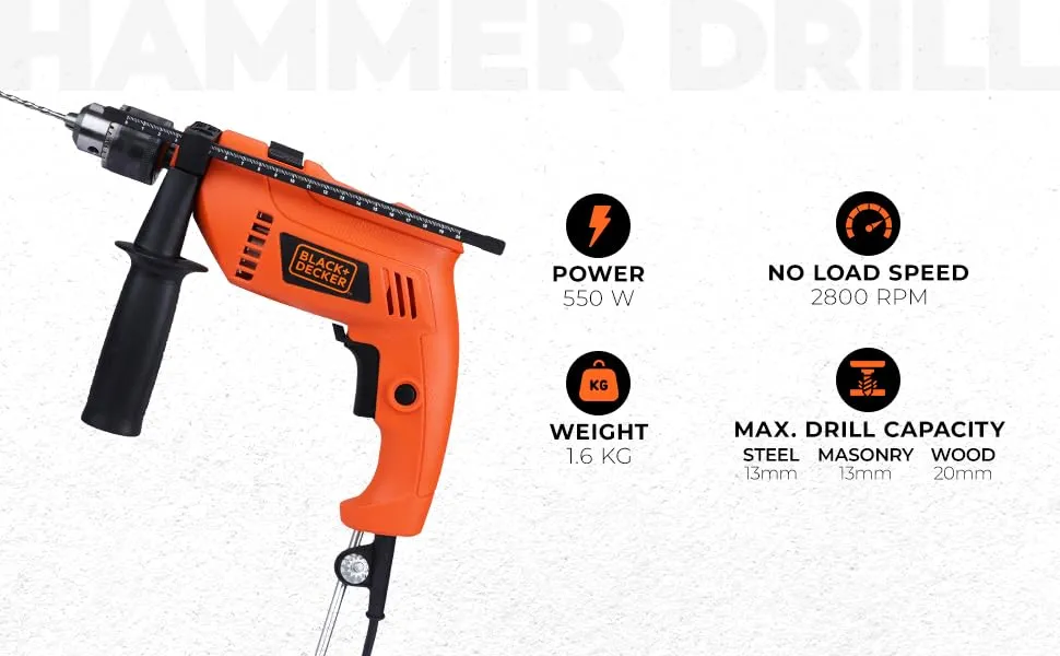 BLACK DECKER HD555KMPR 550W 13mm Corded Hammer Drill Machine and Hand Tools Kit for Home & DIY Use (100-piece Accessories Kitbox) For Masonry, Brick & Wood, 1 Year Warranty, ORANGE & BLACK