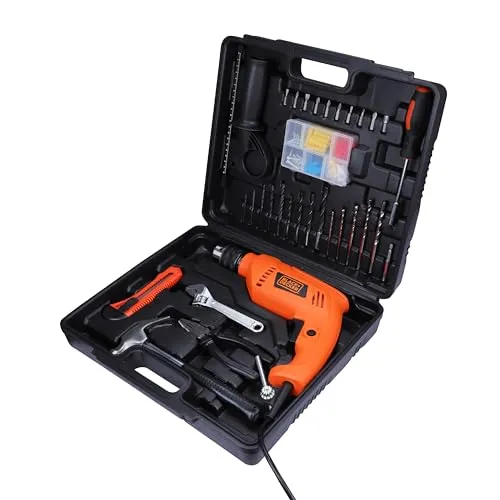 BLACK DECKER HD555KMPR 550W 13mm Corded Hammer Drill Machine and Hand Tools Kit for Home & DIY Use (100-piece Accessories Kitbox) For Masonry, Brick & Wood, 1 Year Warranty, ORANGE & BLACK