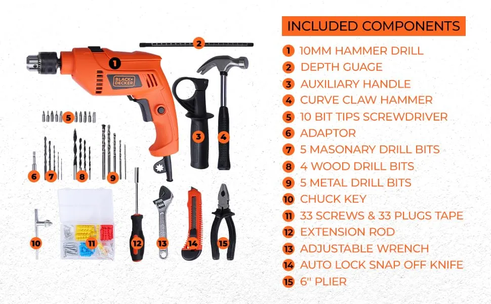 BLACK DECKER HD555KMPR 550W 13mm Corded Hammer Drill Machine and Hand Tools Kit for Home & DIY Use (100-piece Accessories Kitbox) For Masonry, Brick & Wood, 1 Year Warranty, ORANGE & BLACK