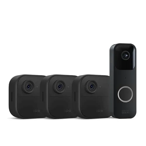 Blink Video Doorbell   3 Outdoor 4 smart security cameras (4th Gen) with Sync Module 2 | Two-year battery life, motion detection, two-way audio, HD video, Works with Alexa
