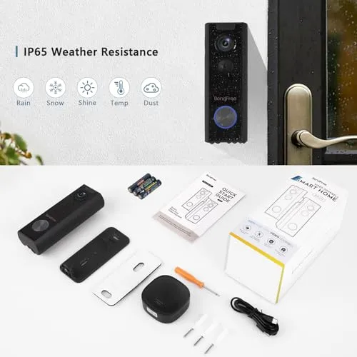 BondFree Doorbell Camera Wireless with Wireless Chime, Doorbell Mount, Video Doorbell HD, 2.4GWiFi, 2-Way Audio, Night Vision, Cloud SD Card Storage, Compatible with Alexa,Google Assistant, Black