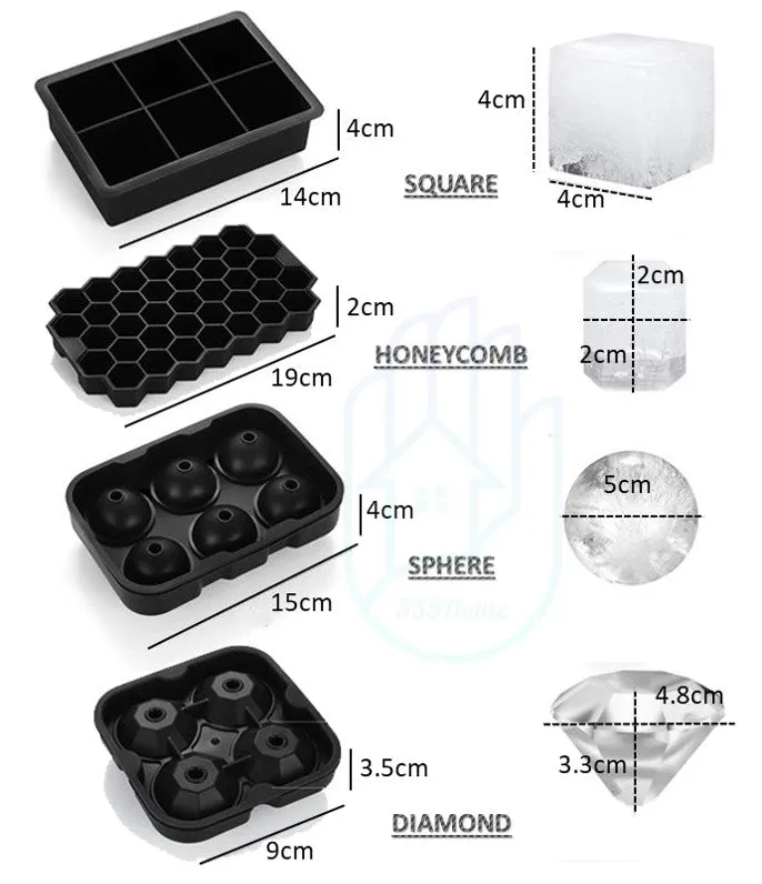 BPA FREE Premium Ice Ball Maker Whiskey Silicone Ice Cube Tray Mold Mould Lid Sphere Square Round Diamond Honeycomb