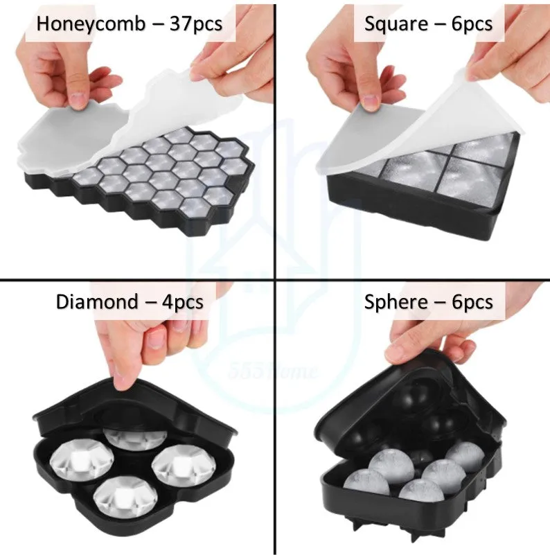 BPA FREE Premium Ice Ball Maker Whiskey Silicone Ice Cube Tray Mold Mould Lid Sphere Square Round Diamond Honeycomb