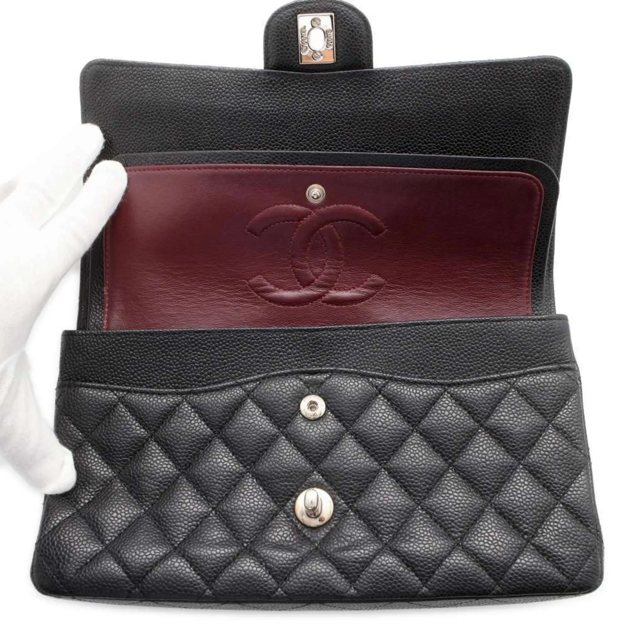 Chanel Chain Shoulder Bag Matelasse 25 Coco Mark Caviar Skin Double A01112 Black