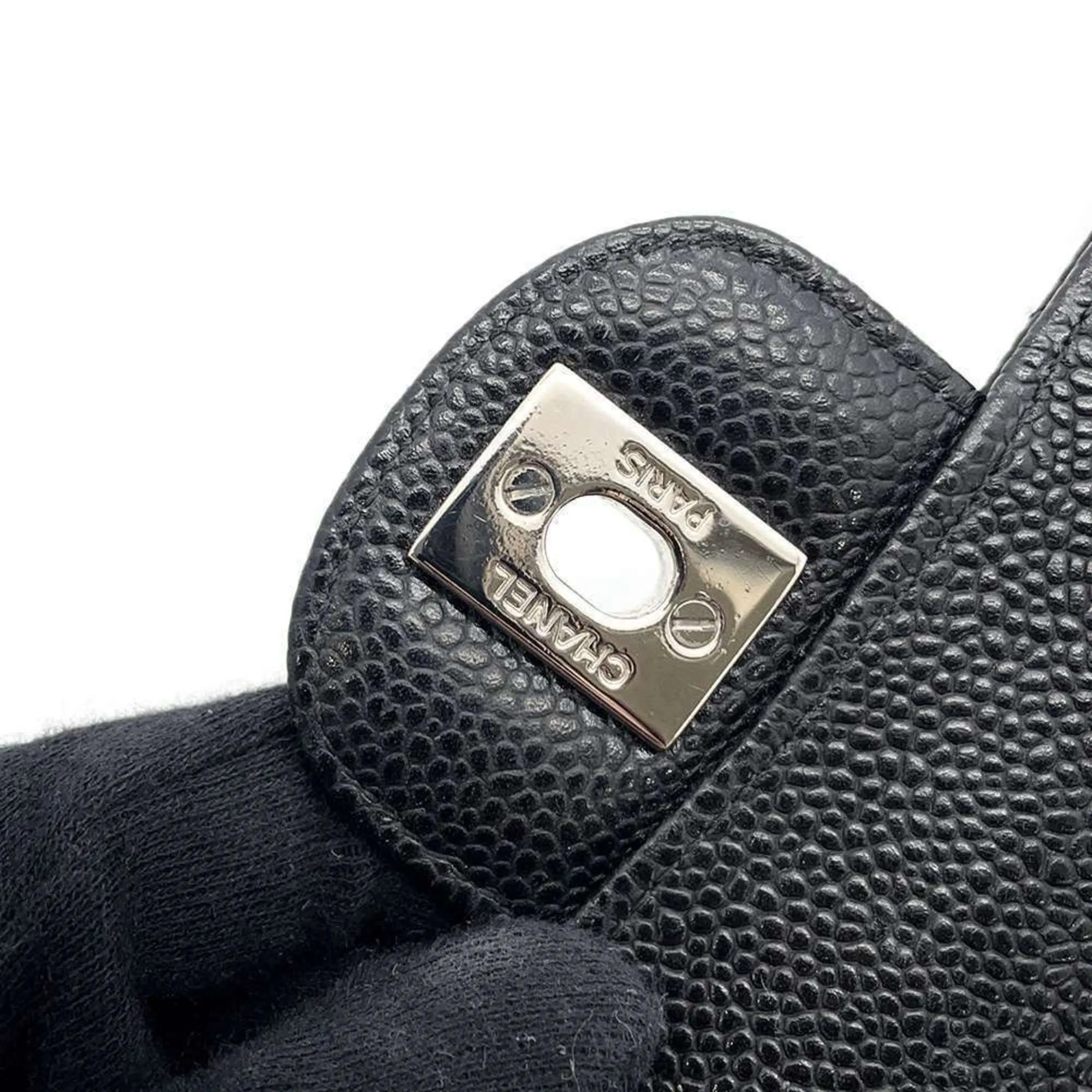 Chanel Chain Shoulder Bag Matelasse 25 Coco Mark Caviar Skin Double A01112 Black