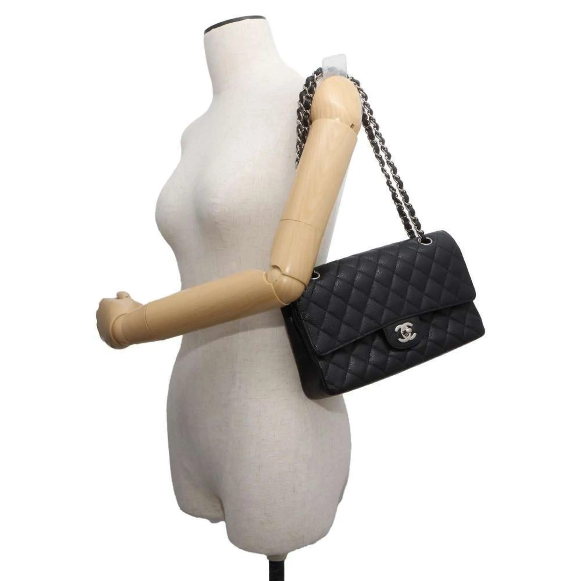 Chanel Chain Shoulder Bag Matelasse 25 Coco Mark Caviar Skin Double A01112 Black