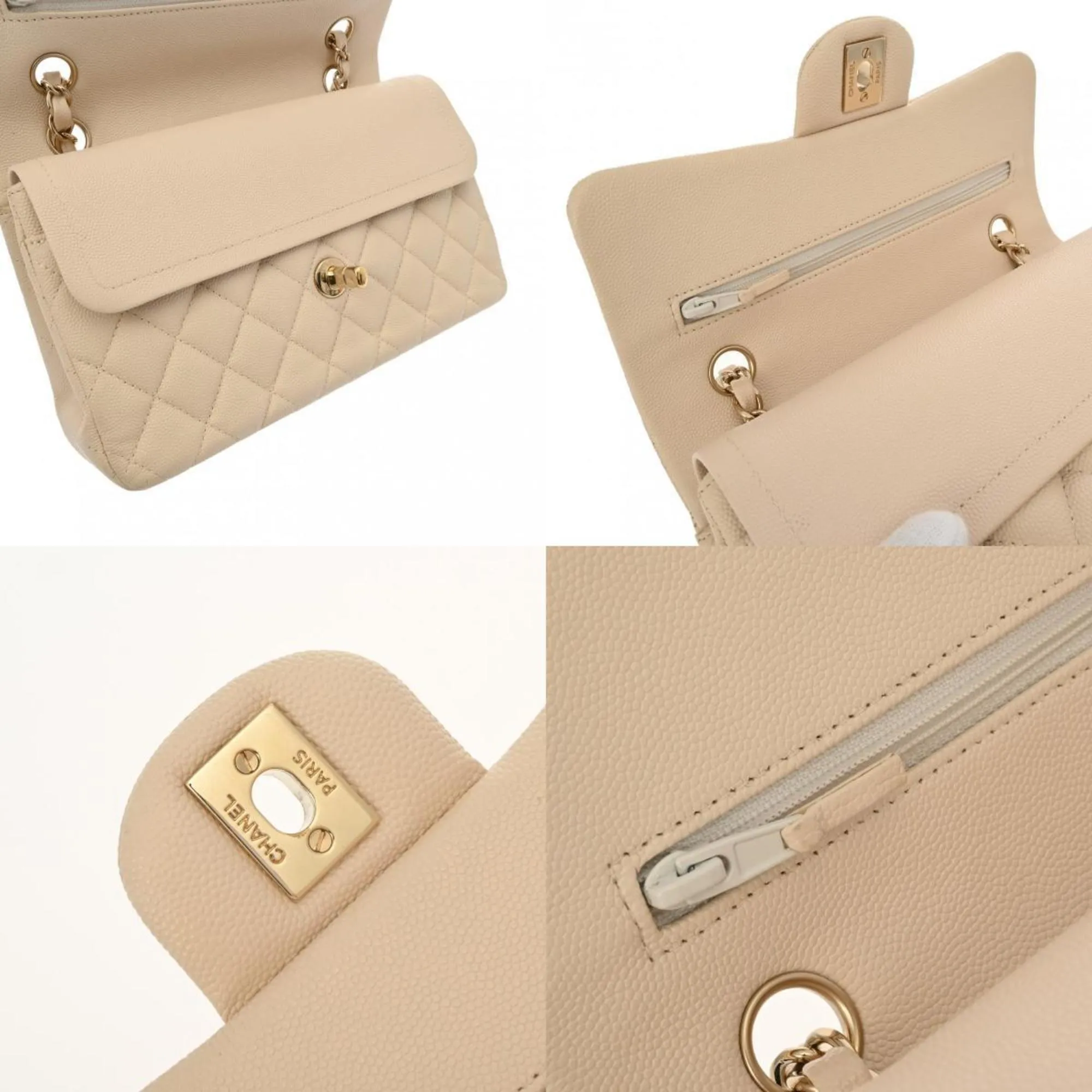 CHANEL Chanel Matelasse Chain Shoulder 23cm W Flap Beige Champagne A01113 Women's Caviar Skin Bag
