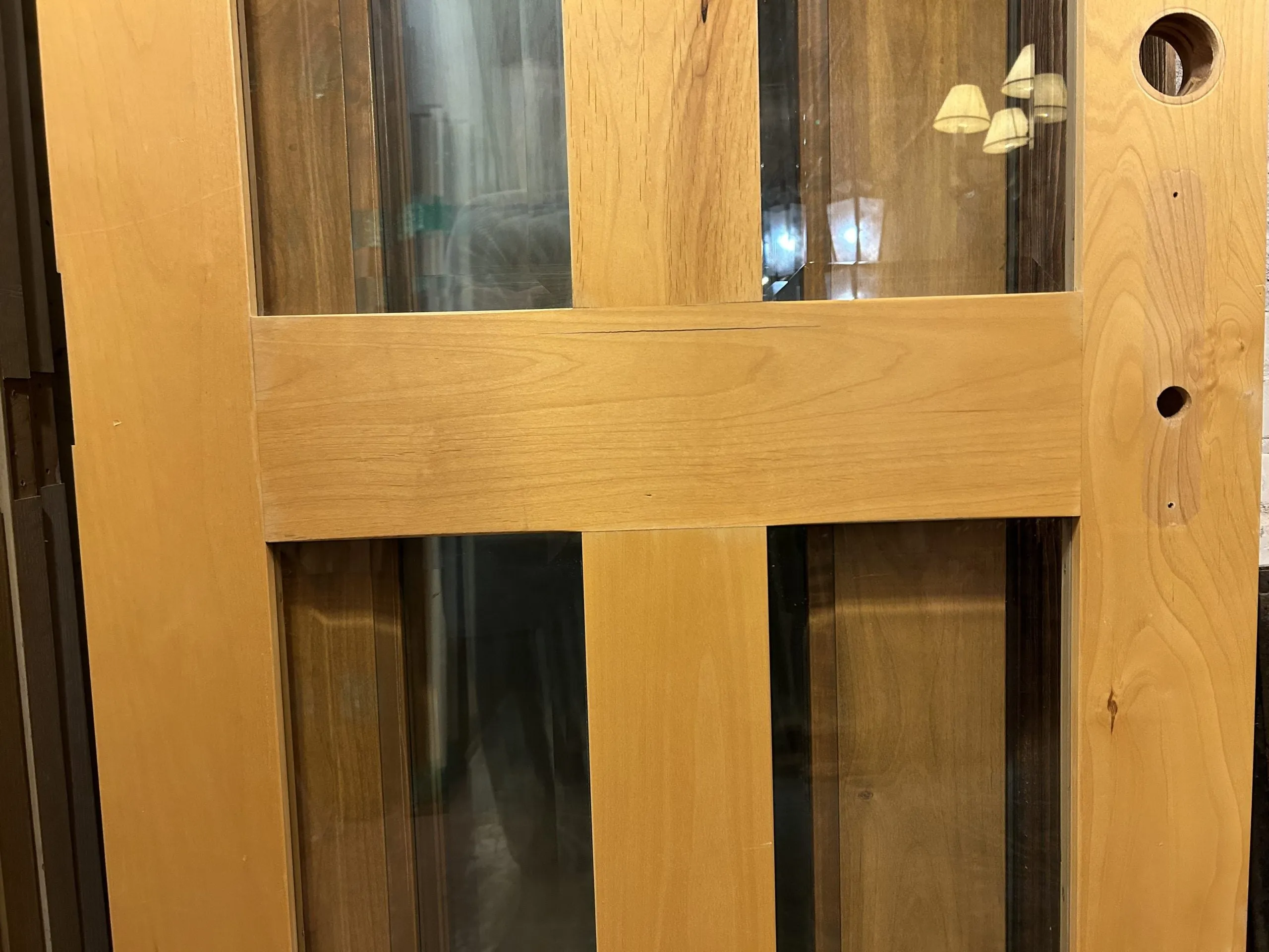 Entry Door, Contemporary, Solid Wood, Beveled Edge Glass, Four Panel, Blond Wood