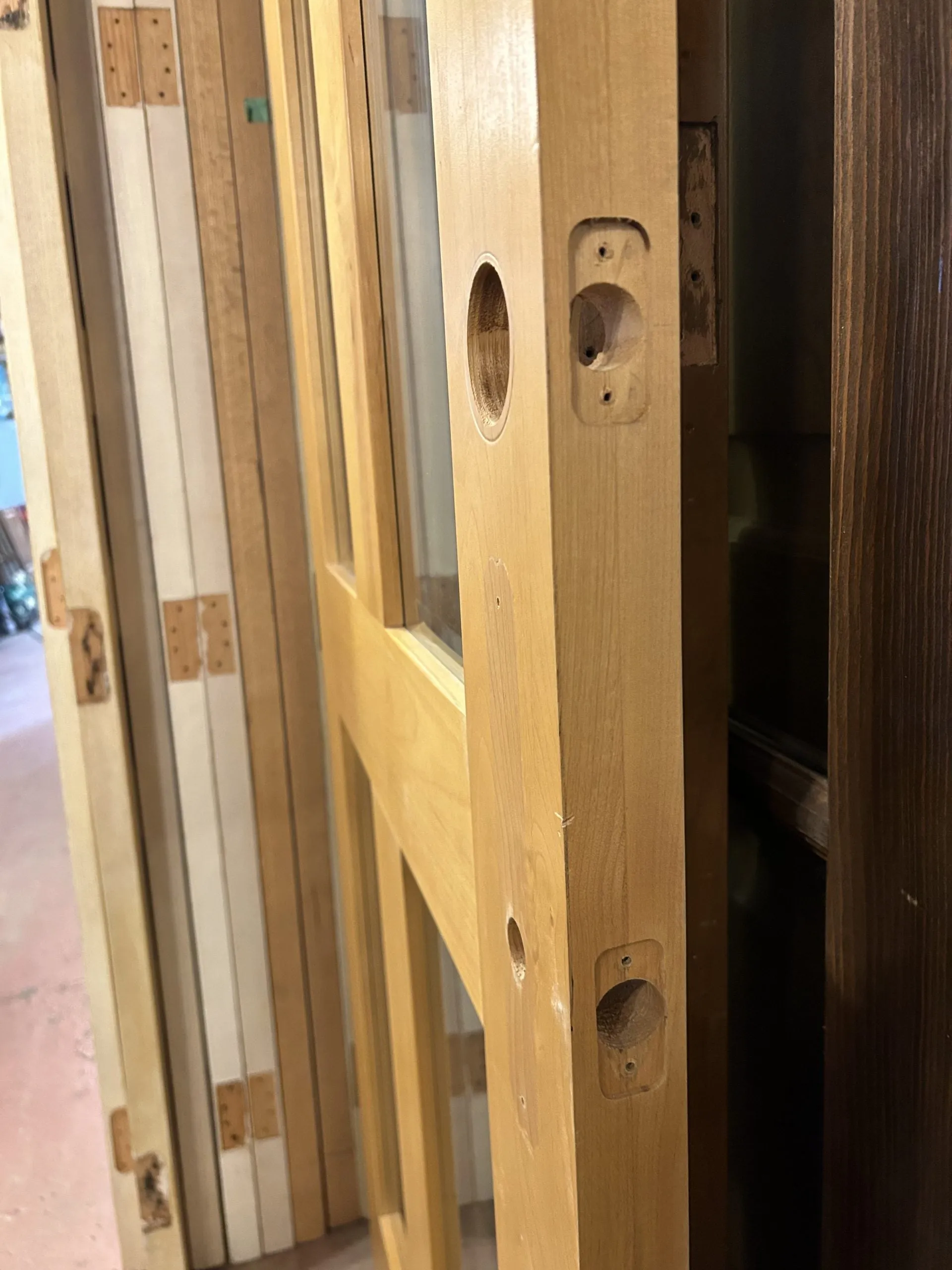 Entry Door, Contemporary, Solid Wood, Beveled Edge Glass, Four Panel, Blond Wood