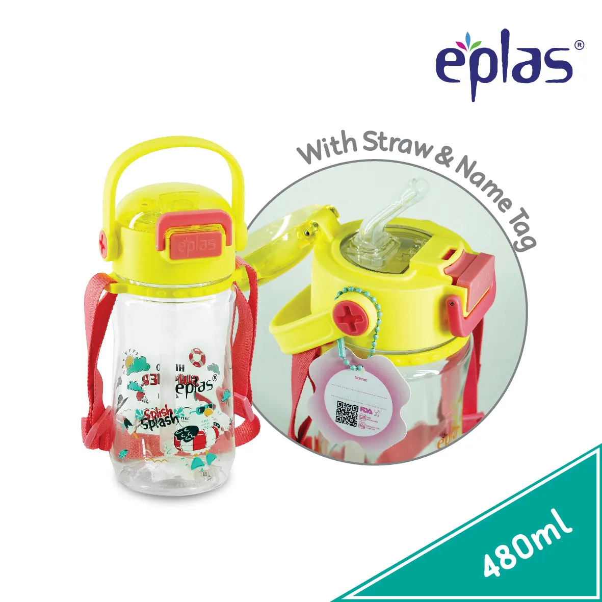 Eplas EGBR 480 BPA Free kid bottles w/straw,strap,handle & locking sys caps