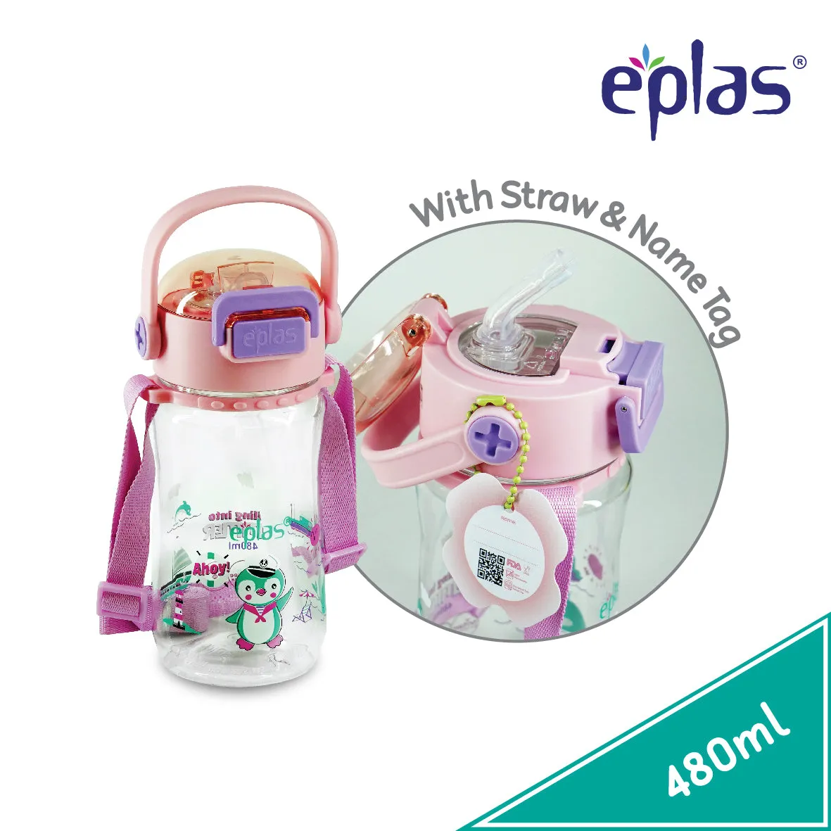 Eplas EGBR 480 BPA Free kid bottles w/straw,strap,handle & locking sys caps