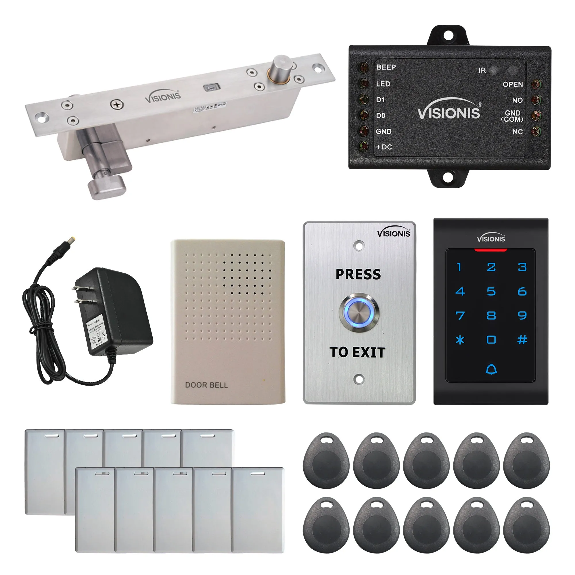 FPC-5543 One Door Access Control 2,600lbs Electric Drop Bolt Fail Secure Time Delay   Key Cylinder   Indoor Use Only Keypad/Reader Standalone With Mini Controller   Wiegand 26, No Software, EM Card