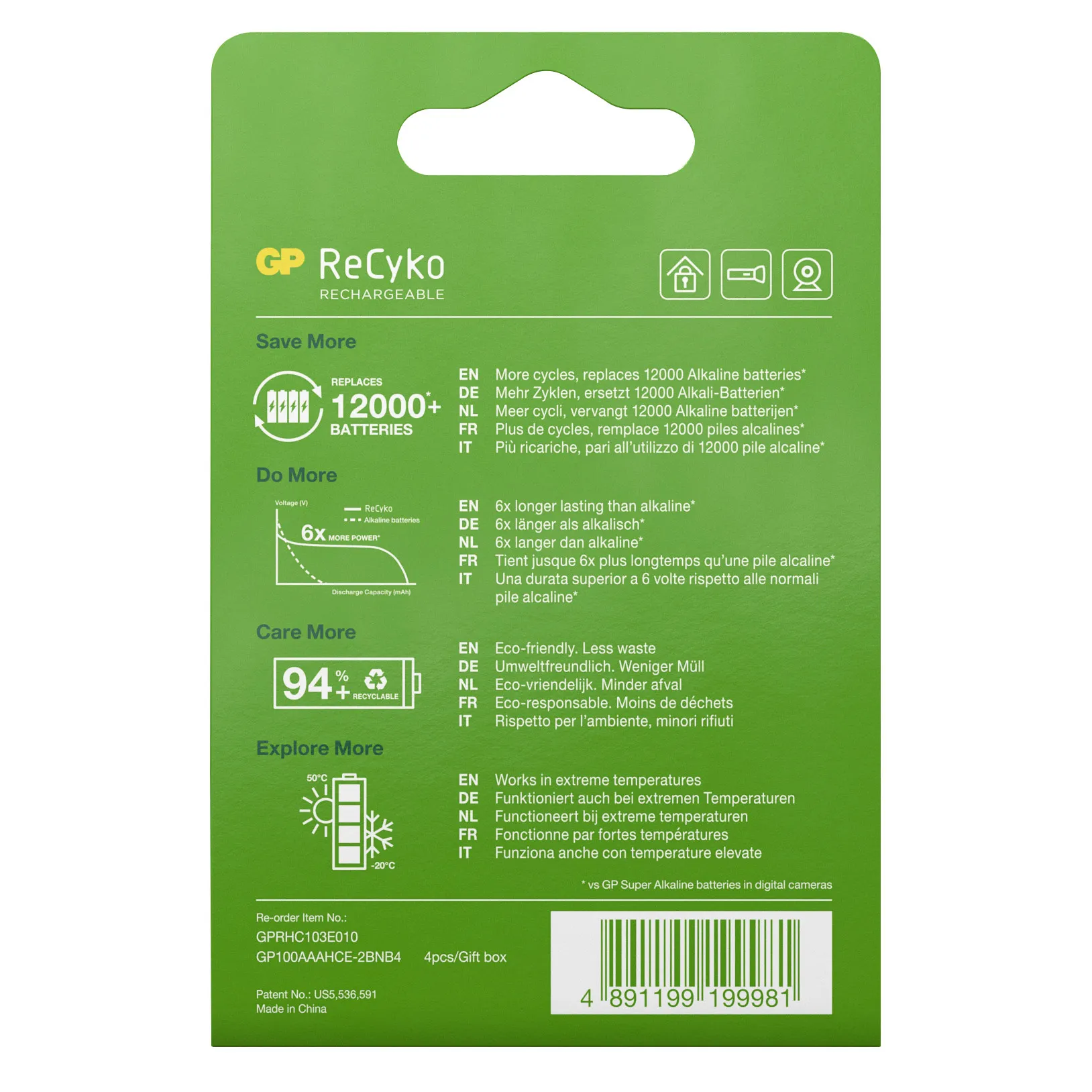 GP Batterier GP ReCyko AAA-batteries 950mAh 4-pack Green | Buy GP Batterier GP ReCyko AAA-batteries 950mAh 4-pack Green here | Outnorth