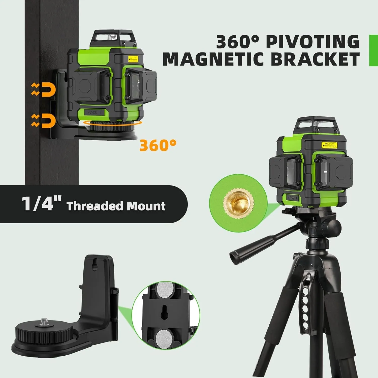 Huepar Laser Level 360, Self Leveling Rechargeable Green Beam 3D Cross Line Laser Level 3 X 360 Level Laser Tool for Construction with Pulse Mode, Strong Magnetic Bracket & Hard Carry Case - HM03CG