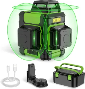 Huepar Laser Level 360, Self Leveling Rechargeable Green Beam 3D Cross Line Laser Level 3 X 360 Level Laser Tool for Construction with Pulse Mode, Strong Magnetic Bracket & Hard Carry Case - HM03CG