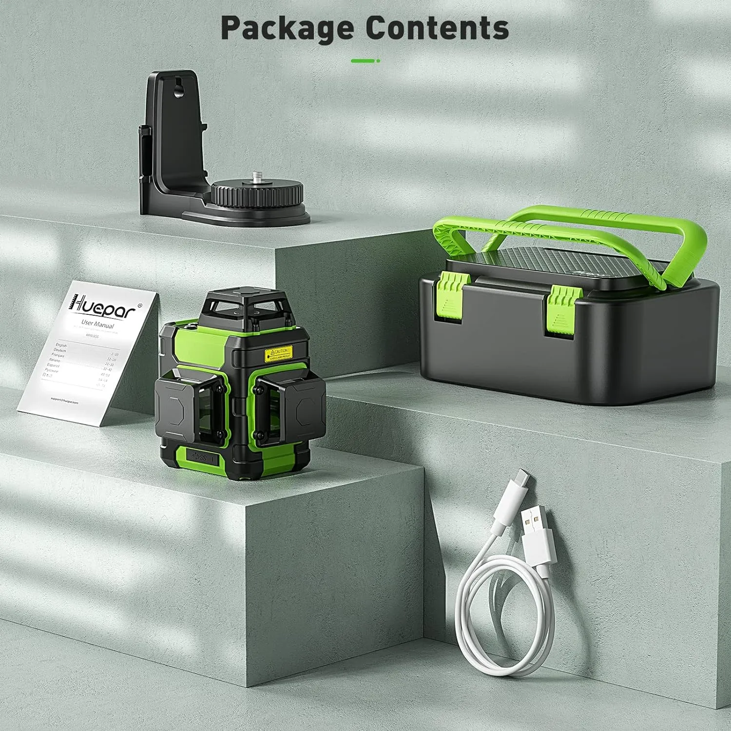 Huepar Laser Level 360, Self Leveling Rechargeable Green Beam 3D Cross Line Laser Level 3 X 360 Level Laser Tool for Construction with Pulse Mode, Strong Magnetic Bracket & Hard Carry Case - HM03CG