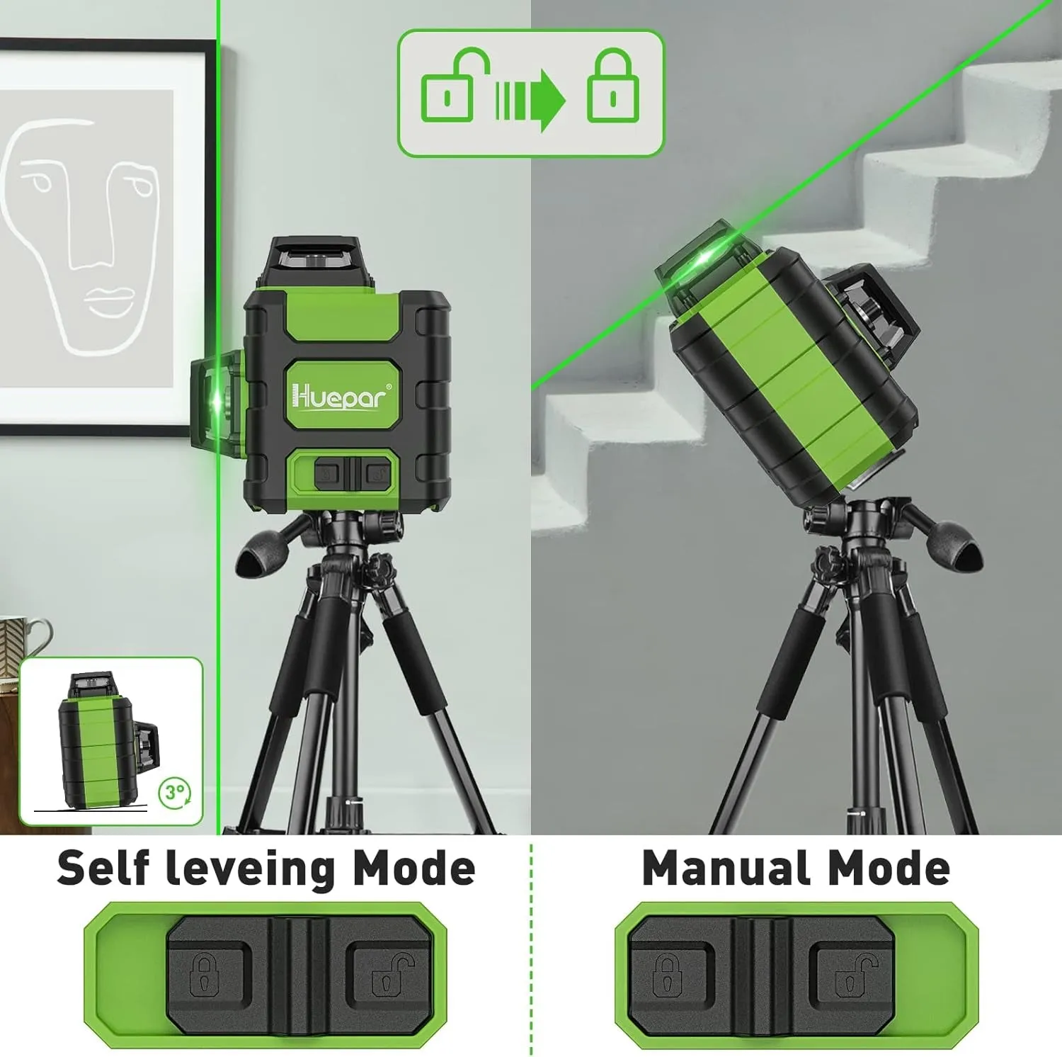 Huepar Laser Level 360, Self Leveling Rechargeable Green Beam 3D Cross Line Laser Level 3 X 360 Level Laser Tool for Construction with Pulse Mode, Strong Magnetic Bracket & Hard Carry Case - HM03CG