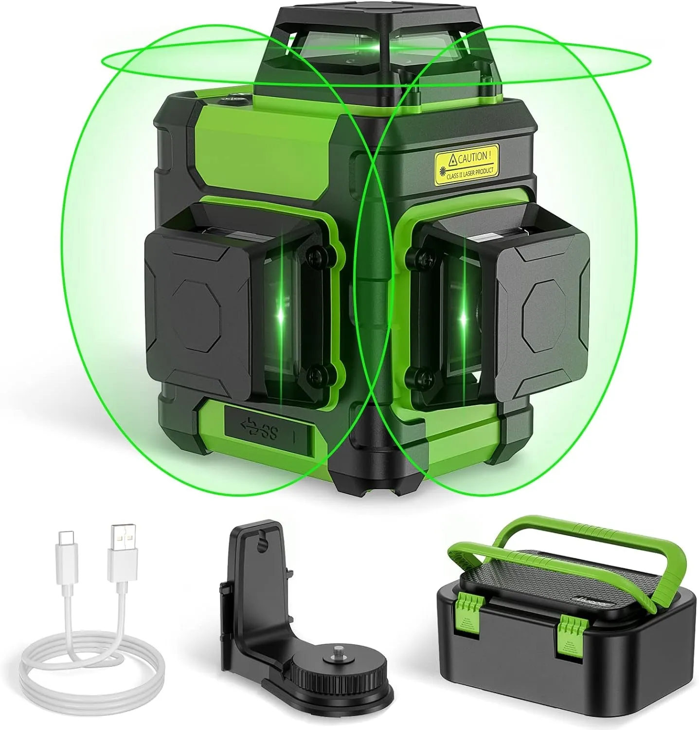 Huepar Laser Level 360, Self Leveling Rechargeable Green Beam 3D Cross Line Laser Level 3 X 360 Level Laser Tool for Construction with Pulse Mode, Strong Magnetic Bracket & Hard Carry Case - HM03CG