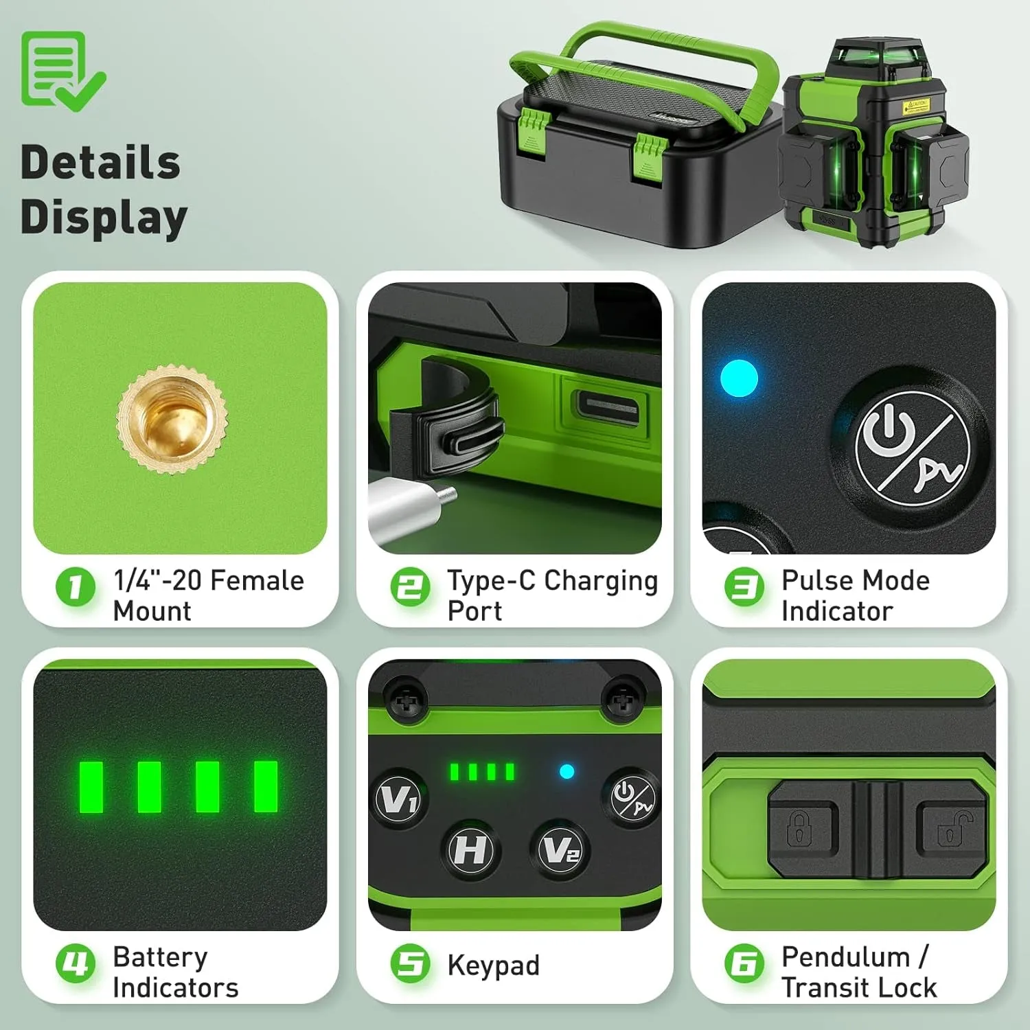Huepar Laser Level 360, Self Leveling Rechargeable Green Beam 3D Cross Line Laser Level 3 X 360 Level Laser Tool for Construction with Pulse Mode, Strong Magnetic Bracket & Hard Carry Case - HM03CG