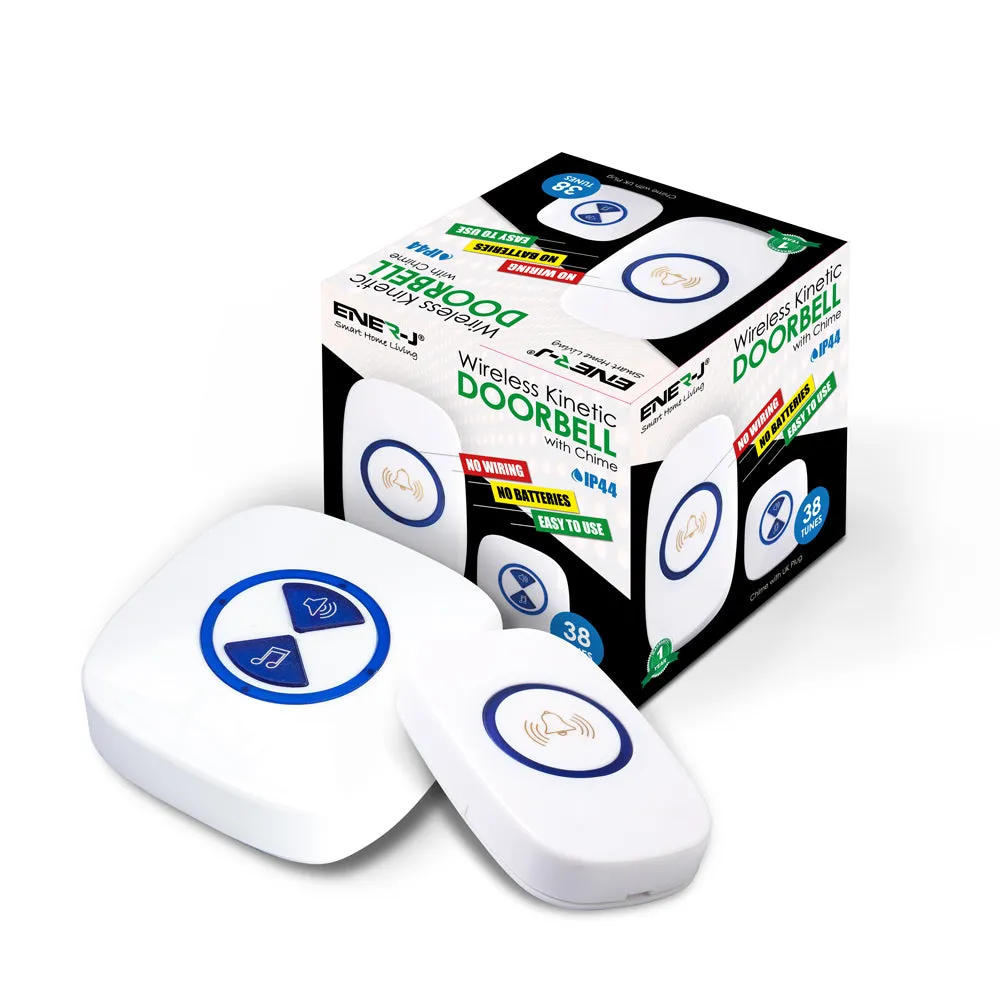 Kinetic Wireless Doorbell, Self-Generating Power, 1 Push Button (No Battery Required) and Plug-in Receiver, 38 Melodies IP44 Waterproof Door Entry Bell, White