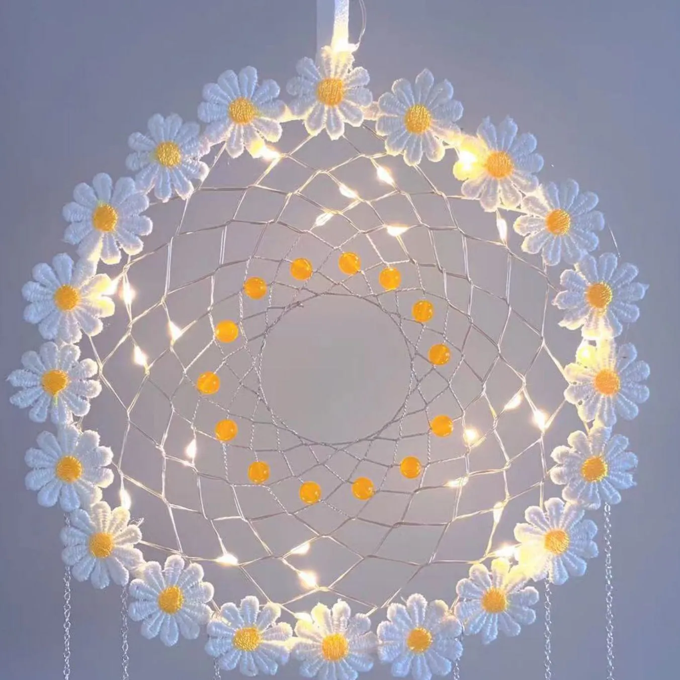 LED Flower and Feather Dreamcatcher - Handmade