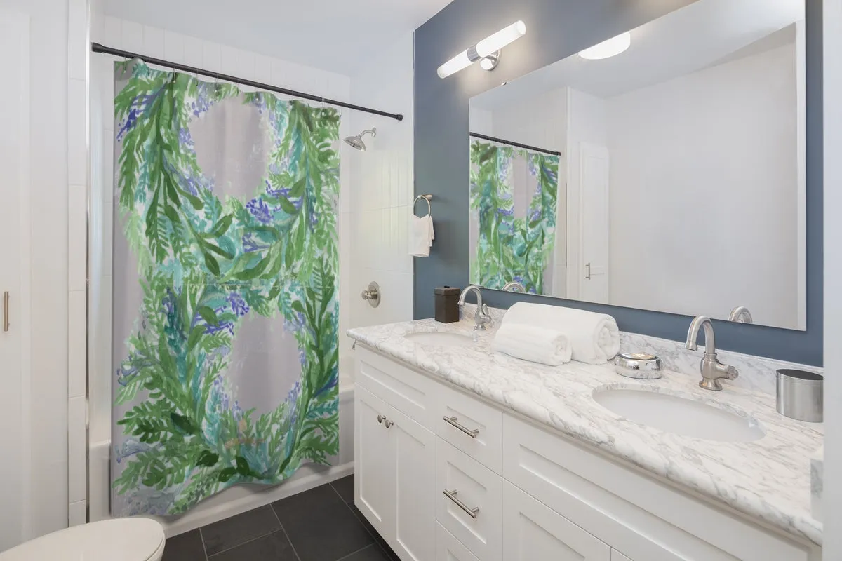 Light Gray Lavender Shower Curtains, Floral Print Polyester Bath Curtains- Printed in USA