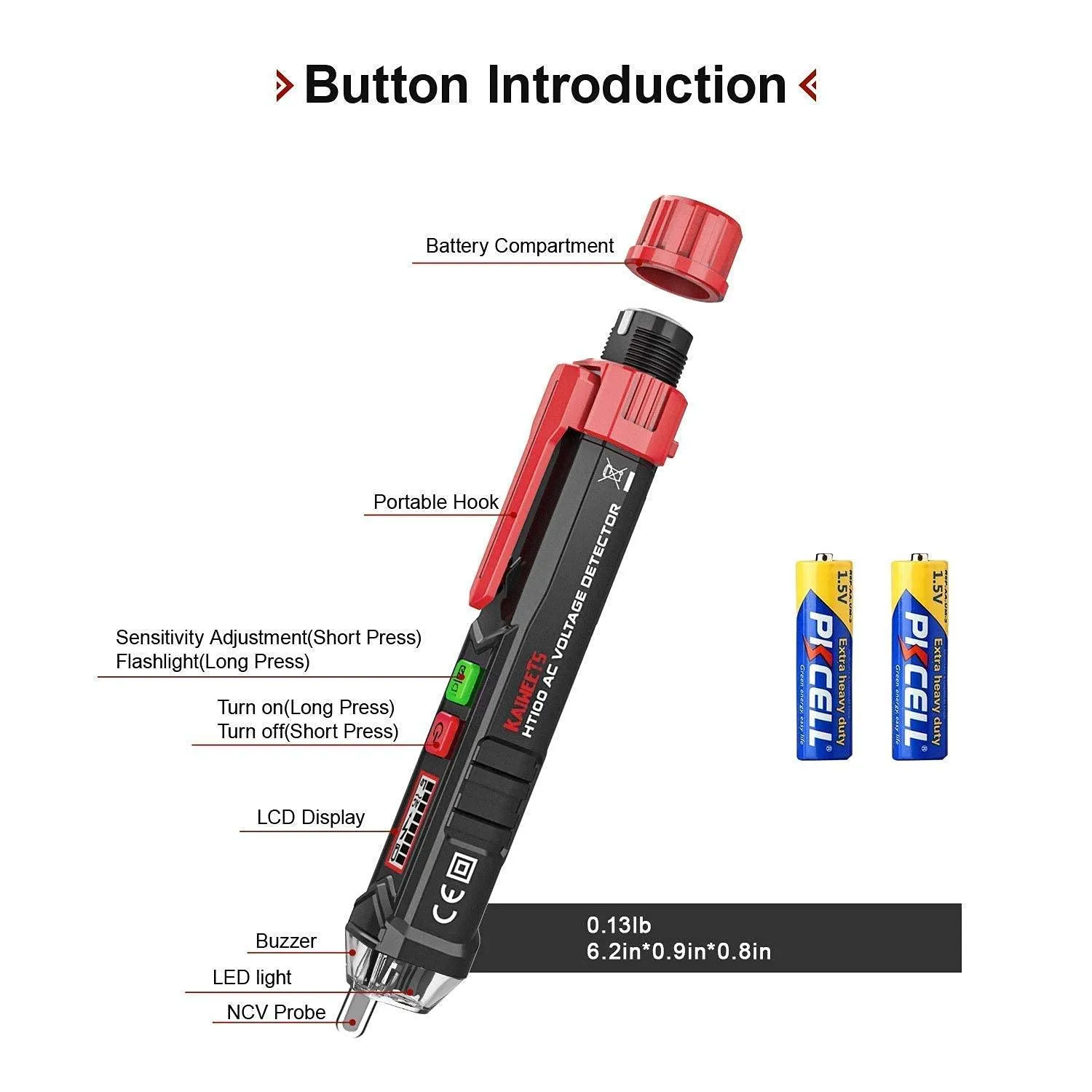 Non-Contact Voltage Tester with Dual Range AC 12V-1000V/48V-1000V