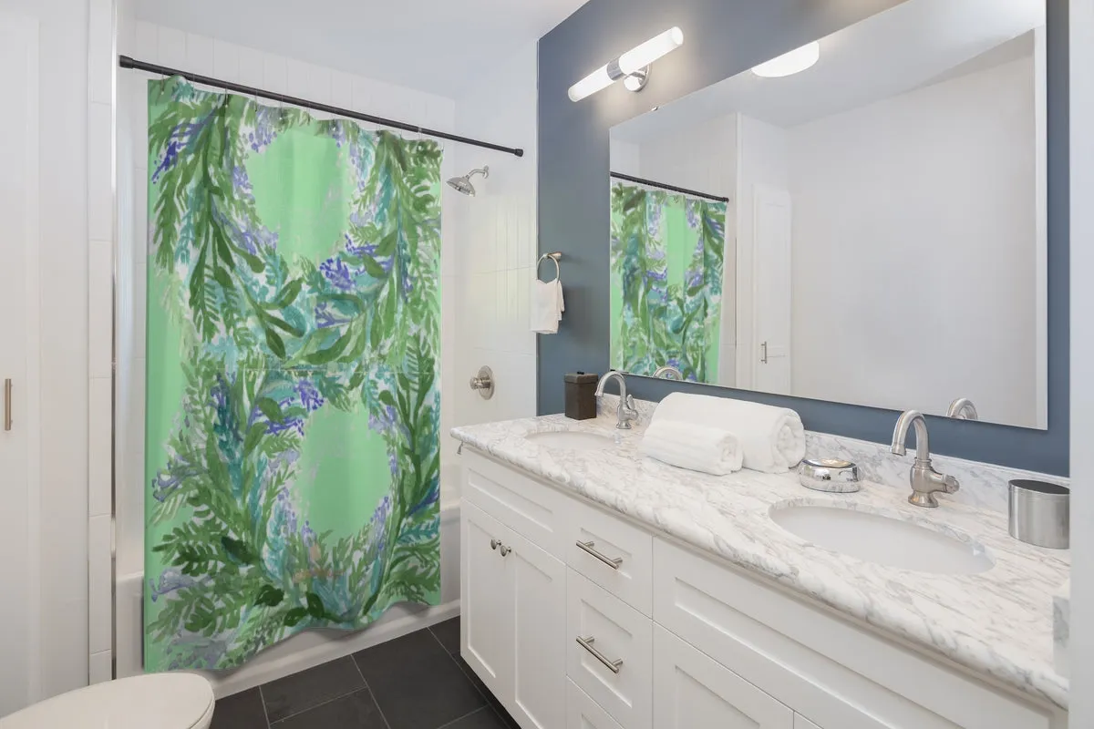 Pastel Lavender Bath Curtains, Green Floral Print Polyester Bath Curtains- Printed in USA