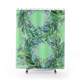 Pastel Lavender Bath Curtains, Green Floral Print Polyester Bath Curtains- Printed in USA
