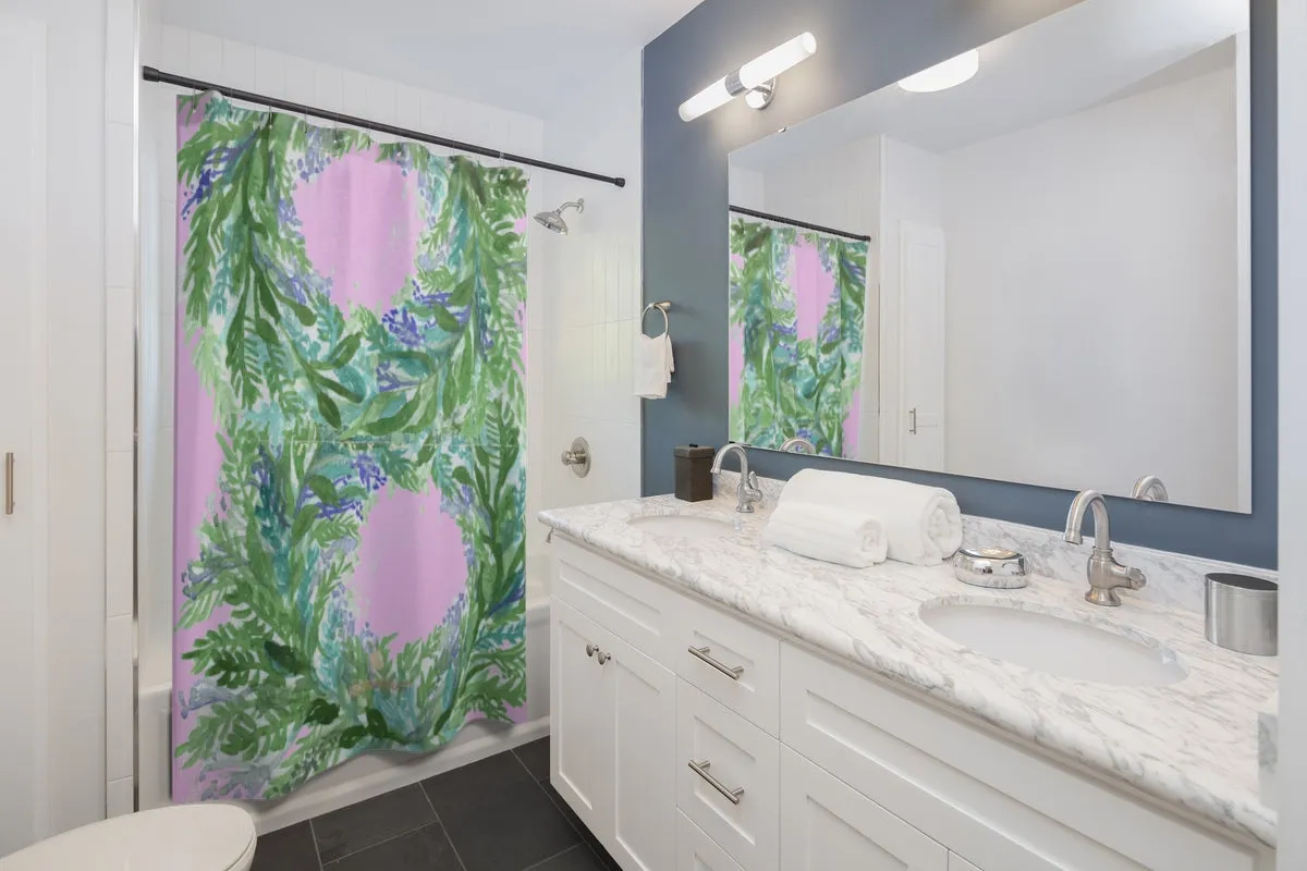 Pink French Lavender Bath Curtains, Floral Print Polyester Shower Curtains- Printed in USA