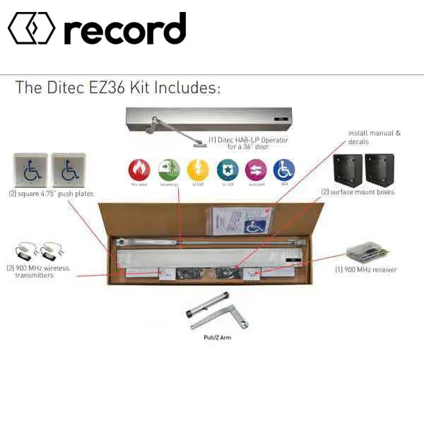 Record - EZ 36 Wireless Automatic Door Kit - PUSH Arm - Non Handed- 39" Header (36" Door) - Clear Coat - For Single Doors