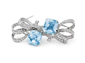 Retro Aquamarine Double Clip Brooch in Platinum and 18K White Gold, French