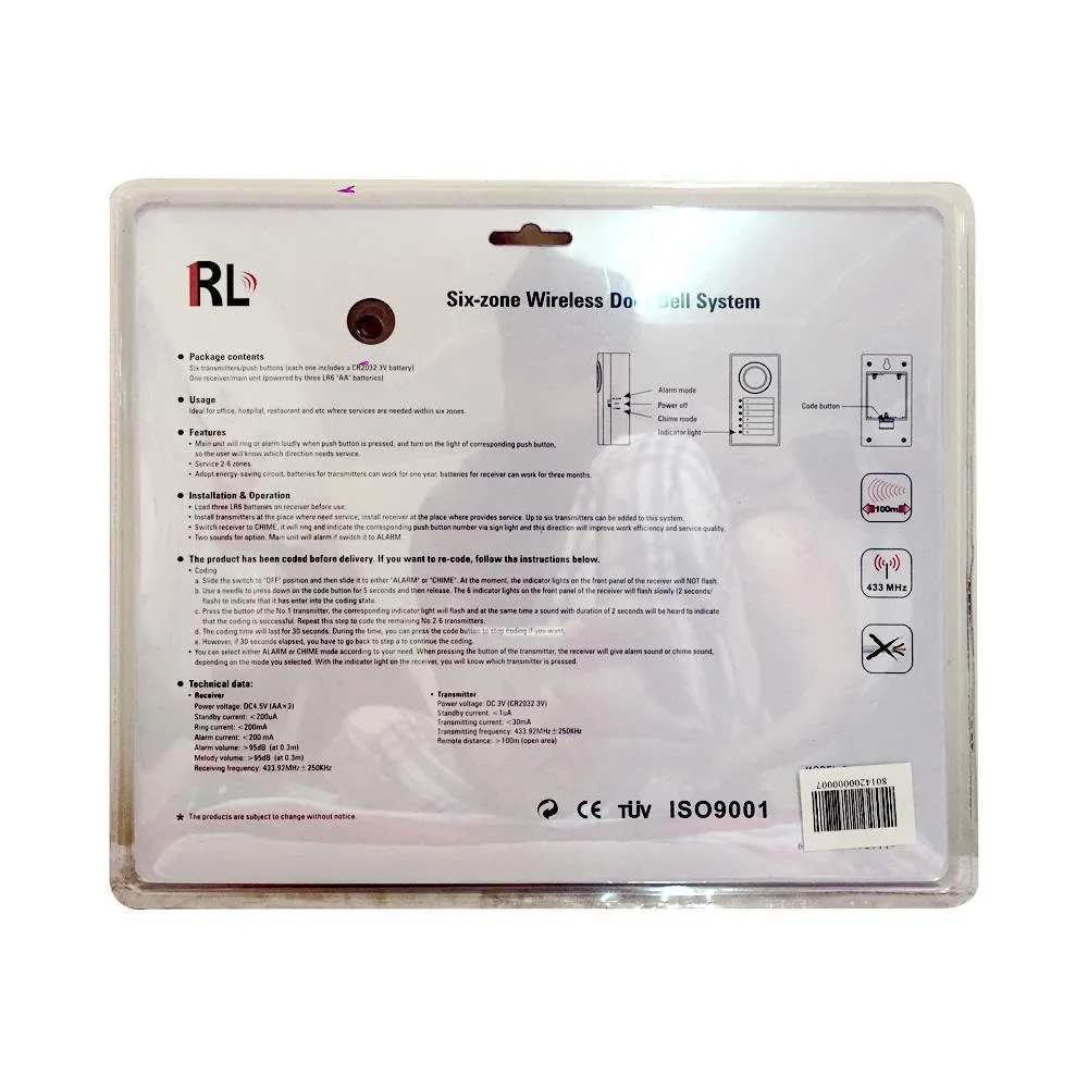 RL-05060 doorbell 6in1 doorbell The Six Zone Wireless Door Bell with Patented Power-Saving Technology