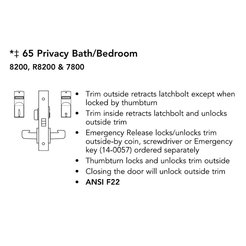 Sargent 8265-LNMI  Privacy Bedroom or Bath Mortise Lock, MI - Lever, LN - Rose, Field Reversible