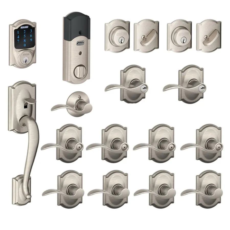 Schlage Camelot Complete House Door Hardware Package with Accent Interior Levers and Connect Touchscreen Keyless Entry Right Handed Exterior Front Door Handleset
