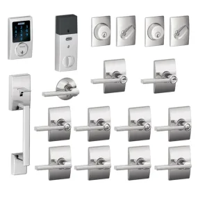 Schlage Century Complete House Door Hardware Package with Latitude Interior Levers and Connect Touchscreen Keyless Entry and Single Cylinder Exterior Front Door Handleset