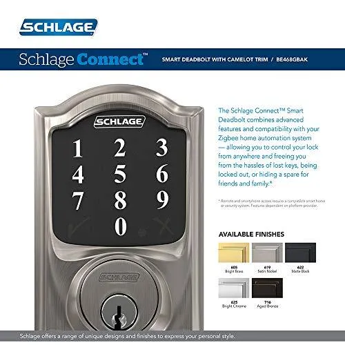 Schlage Connect Smart Deadbolt with Camelot trim in Satin Nickel, Zigbee Certified - BE468GBAK CAM 619