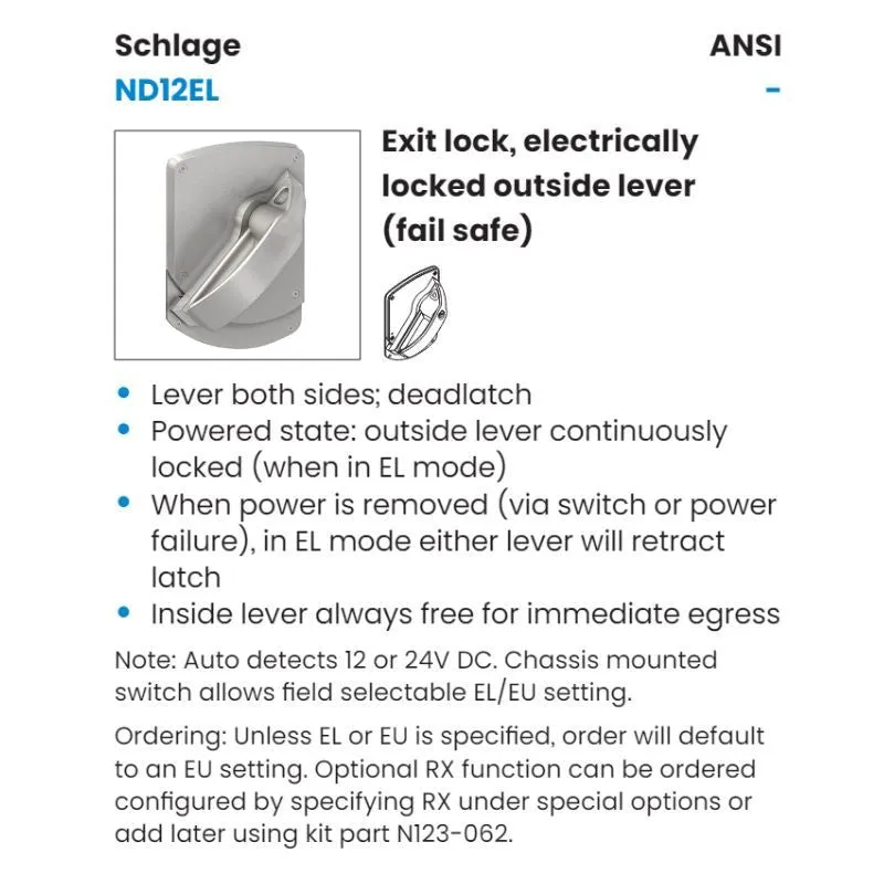 Schlage ND12-EL-HSLR-630 Electrically Ligature Resistant Cylindrical Lock, Exit Function, Non-Keyed, Satin Stainless Steel